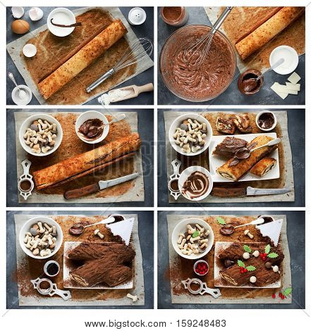 Cooking Christmas Yule Log cake decorated with chocolate holly mushrooms cookies recipe step by step. Tutorial How to Make Buche de Noel