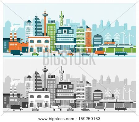Smart city with contemporary buildings services people and traffic on the street