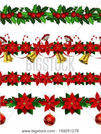 Set of n Seamless borders Bright Fun Christmas Winter Holidays Patterns with poinsettia and green holly and berries and golden bells