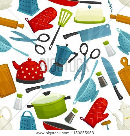 Kitchenware, dishware seamless pattern. Vector background of cooking utensils electric kettle pot, coffee maker with cooking glove, knife and cutting board, saucepan and grater