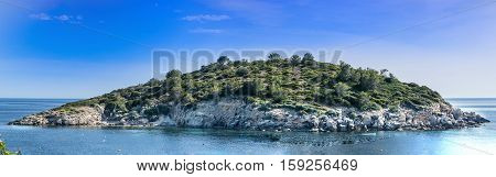 Panoramic view of the island Es Pantaleu in front of Sant Elm on Mallorca Spain.