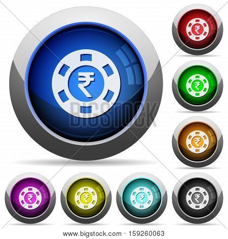 Indian Rupee casino chip icons in round glossy buttons with steel frames