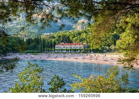 Sveti Stefan Montenegro - August 24 2015: Milocher hotel in Montenegro near Sveti Stefan. King and Quine beach