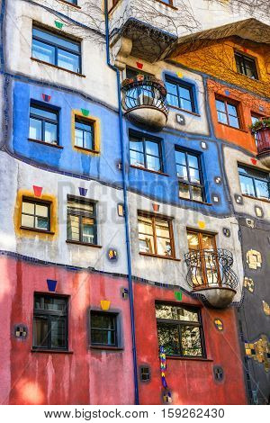 Vienna, Austria - October 14, 2016: Facade Of Huntdertwarsser House In Vienna. The Hundertwasser Hou