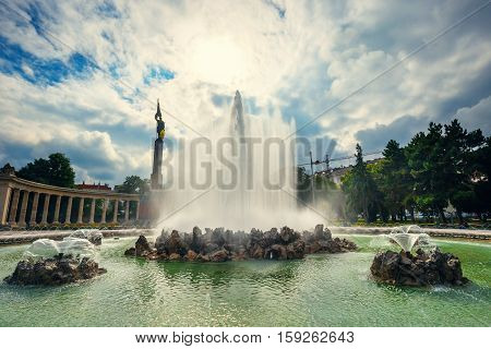 Vienna, Austria, October 13, 2016: World War Fountain And  Heroes Monument Of Red Army On Schwarzenb