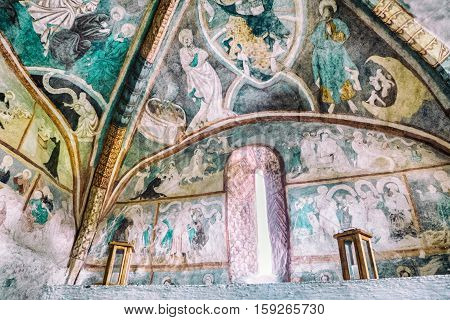 LUDROVA SLOVAKIA - APRIL 20: Medieval wall paintings in all Saints Gothic Church on April 20 2016 in Ludrova