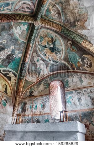 LUDROVA SLOVAKIA - APRIL 20: Medieval wall paintings in all Saints Gothic Church on April 20 2016 in Ludrova