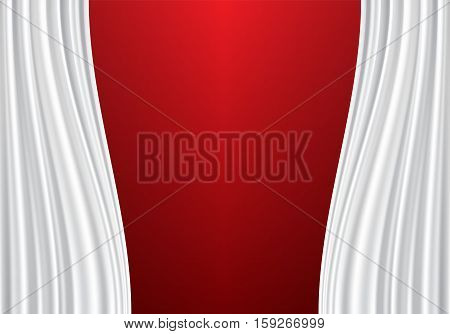 White curtain fabric on blank red wall vector illustration.