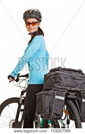 Female mtb cyclist with saddlebag looking at the camera and smiling isolated on white background. Studio shot. Rear view.