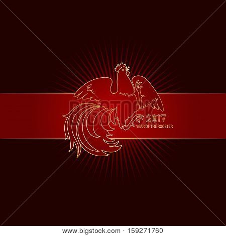 2017, the Year of the Fire Rooster in Chinese Horoscope. Red and gold colors, symbol of new year. Fire element. Hand drawn clip-art, illustration. Vector design element for greeting card or poster
