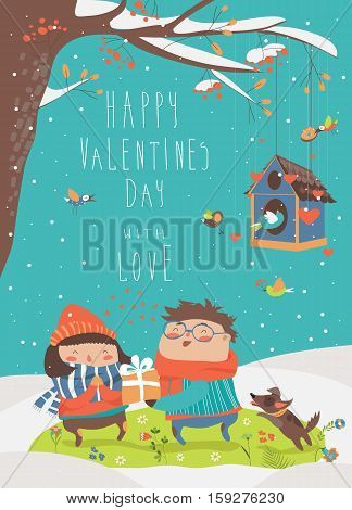 Boy gives a gift to the girl. Vector Valentines card