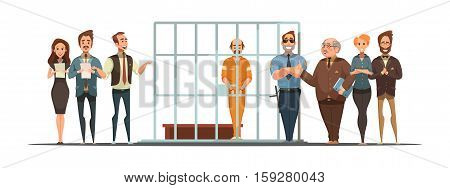 Law and justice retro cartoon poster with sentence announcement and convict behind bars white background vector illustration
