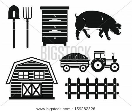 Farm black silhouette set isolated on white background. Elements for illustration infographic and banners.