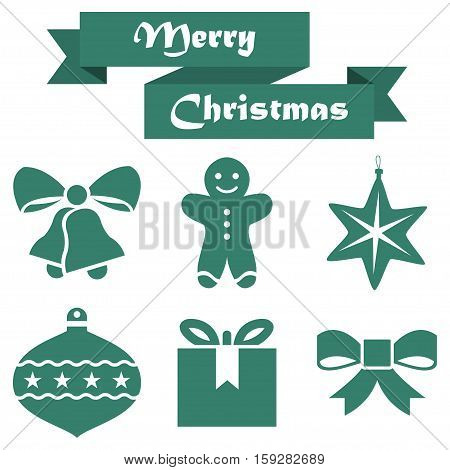 Set of Christmas icons on a white background with ribbon