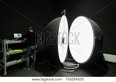 Saint-Petersburg Russia - November 30 2016: Integrating sphere photometer ball in the enterprise laboratories for the study of the characteristics of light and technical devices