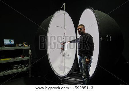 Saint-Petersburg Russia - November 30 2016: Integrating sphere photometer ball in the enterprise laboratories for the study of the characteristics of light and technical devices