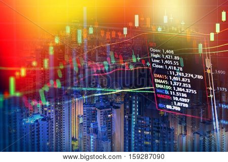 Double Exposure Of Stocks Market Chart In Blue On Led Display Concept With City Scape Hong Kong Back