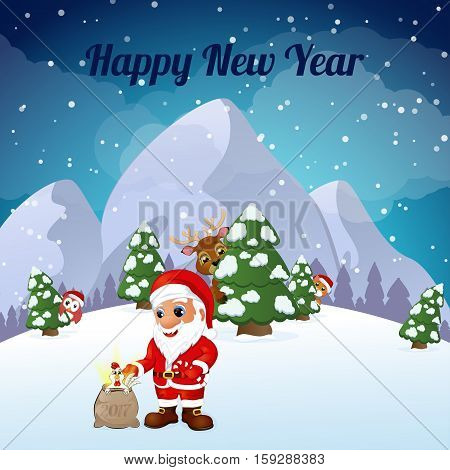Greeting Cards Happy New Year and Merry Christmas kitten with Santa, deer and owl vector illustration
