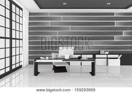 3D Rendering : Illustration Of White Modern Interior Office Of Creative Designer Desktop With Pc Com