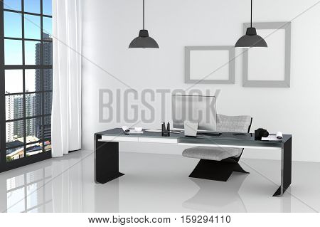 3D Rendering : Illustration Of Modern Interior White Office Of Creative Designer Desktop With Pc Com