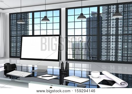 3D Rendering : Illustration Close Up Of Creative Designer Office Desktop With Blank Computer,keyboar