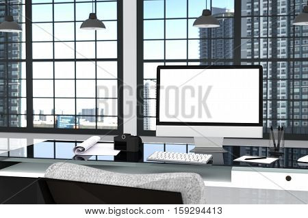 3D Rendering : Illustration Close Up Of Creative Designer Office Desktop With Blank Computer,keyboar