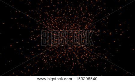 Hot glowing embers with black background. Glittering particles sparkle