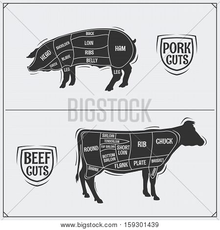 Cuts of pork and beef. American method. Vector monochrome illustration. Vintage style.