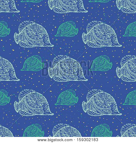 Greeting Beautiful pattern with fish. Frame of animal made in vector. Etno Style. Fish Illustration for design, pattern, textiles. Hand drawn map with sia