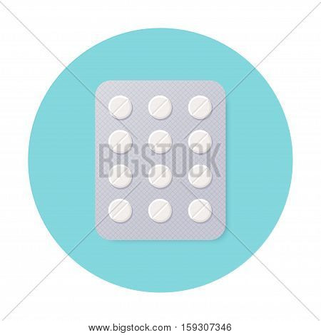 Pills Blister Pack with White Round Pills. Vector Design
