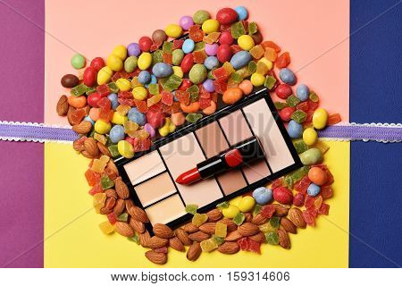 Children`s Cosmetic On Colorful Background