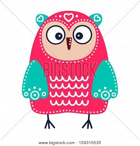 Cute red owl with green wings. Vector hand drawn flat bird with white ornament. Bright color owl for childish design. Isolated. On white background.