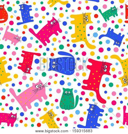 Funny cats. Vector seamless pattern with cute cats and doys. Bright colors - red pink yellow green blue white. Childish background. On white backdrop.