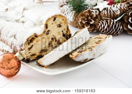 Christmas stollen. Traditional German Christmas dessert. isolated on white background