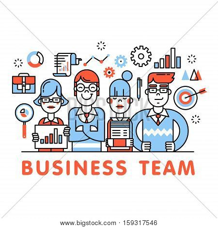 Young and successful business team standing tall. Development, sales, marketing and management executives. Thin line art flat illustration with icons.