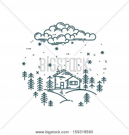Vector flat linear winter landscape in round composition. Hause, forest, snow and clouds . Travel concept, beautiful nature exploration illustration. Chrismtas card