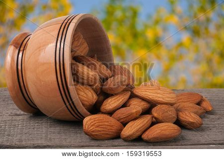 almonds in a bowl on the old wooden board with blurred garden background.
