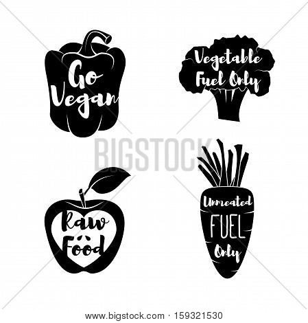 Vegan Labels set. - Cocept. doodle - Sweet Pepper. Red Apple. Green Broccoli. Carrot. Vector Illustration Isolated Emblems