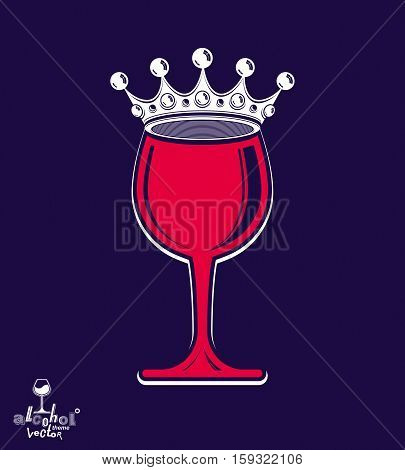 Stylish Luxury Wineglass With Imperial Crown Isolated On Dark Background. Holiday And Celebration Th
