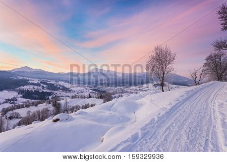 majestic sunset in the winter mountains landscape