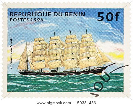 MOSCOW RUSSIA - NOVEMBER 30 2016: A stamp printed in Benin shows 5-masted sailing ship (barque) series 
