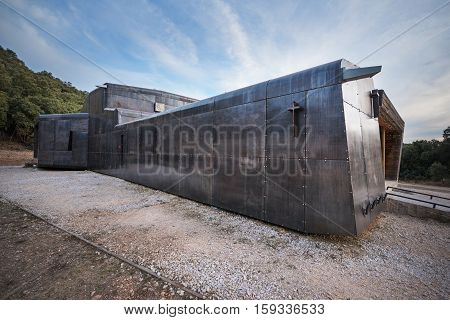 COVARRUBIAS SPAIN - OCTOBER 11: Modern wooden and metallic nordic style chapel. San Olav at dusk on October 11 2016 in Covarrubias. Spain.