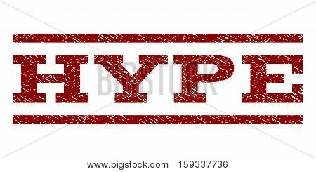 Hype watermark stamp. Text caption between horizontal parallel lines with grunge design style. Rubber seal dark red stamp with dust texture. Vector ink imprint on a white background.
