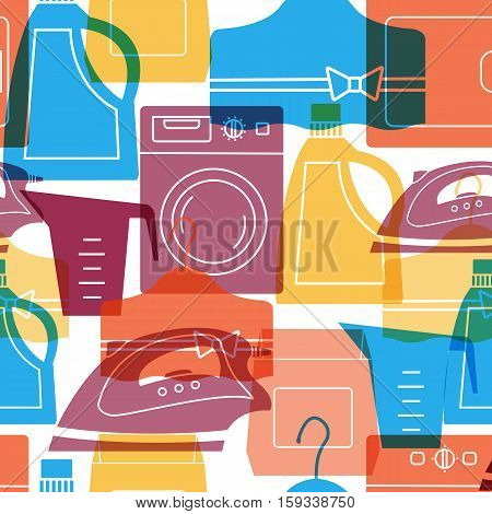 Seamless laundry pattern. Set of laundry symbols: washing machine, laundry drying , washing powder, iron