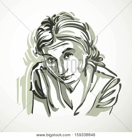 Vector Illustration Of Young Female, Art Image. Black And White Portrait Of Attractive Lady, Face Fe