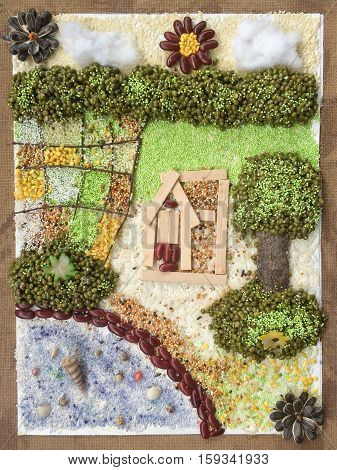 Collage art farmhouse with rich environment resource.Creative idea nature crafts.