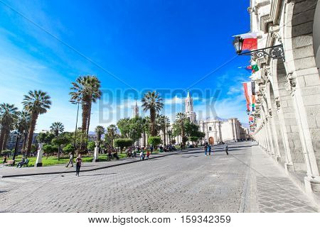 AREQUIPA PERU NOVEMBER 9: Main square of Arequipa with church on november 9  2015 in Arequipa Peru. Arequipa's Plaza de Armas is one of the most beautiful in Peru.
