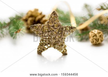 Golden Star on white. Merry Christmas background. New year. Tree, cones.