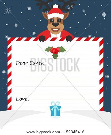Template envelope New year's letter to cute Santa Claus with icon. Character assistant deer. Flat design.Vector illustration.