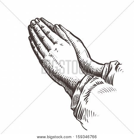 Hands folded in prayer. Sketch vector illustration isolated on white background